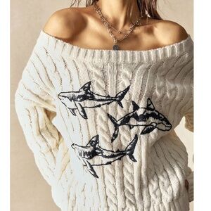 Cozy Shark Embroidered Chunky Cable Knit Oversized Sweater Top